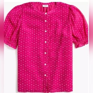 J Crew Soft Gauze puff sleeve ruffle top hot pink white flowers XXL